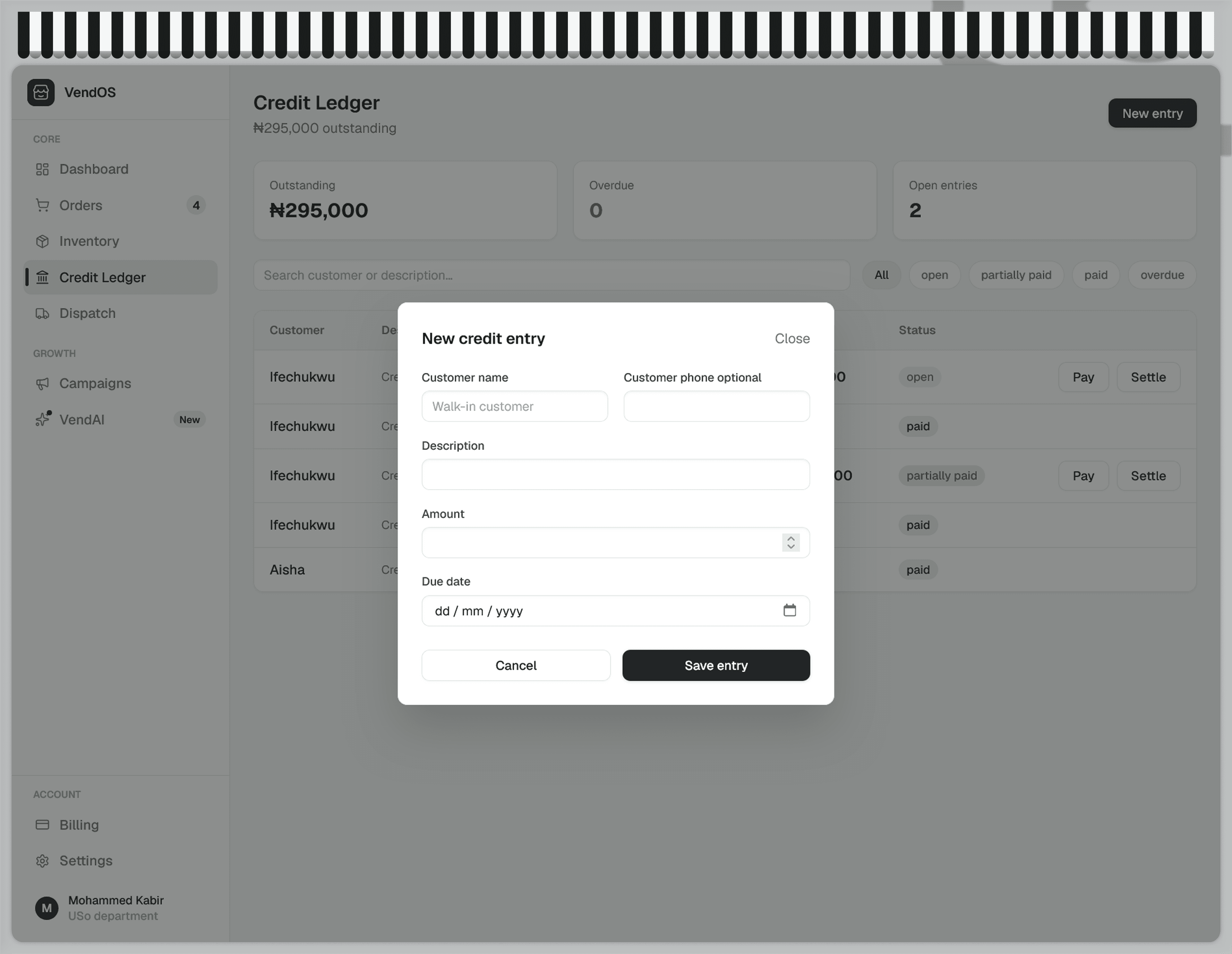 VendOS credit ledger workspace