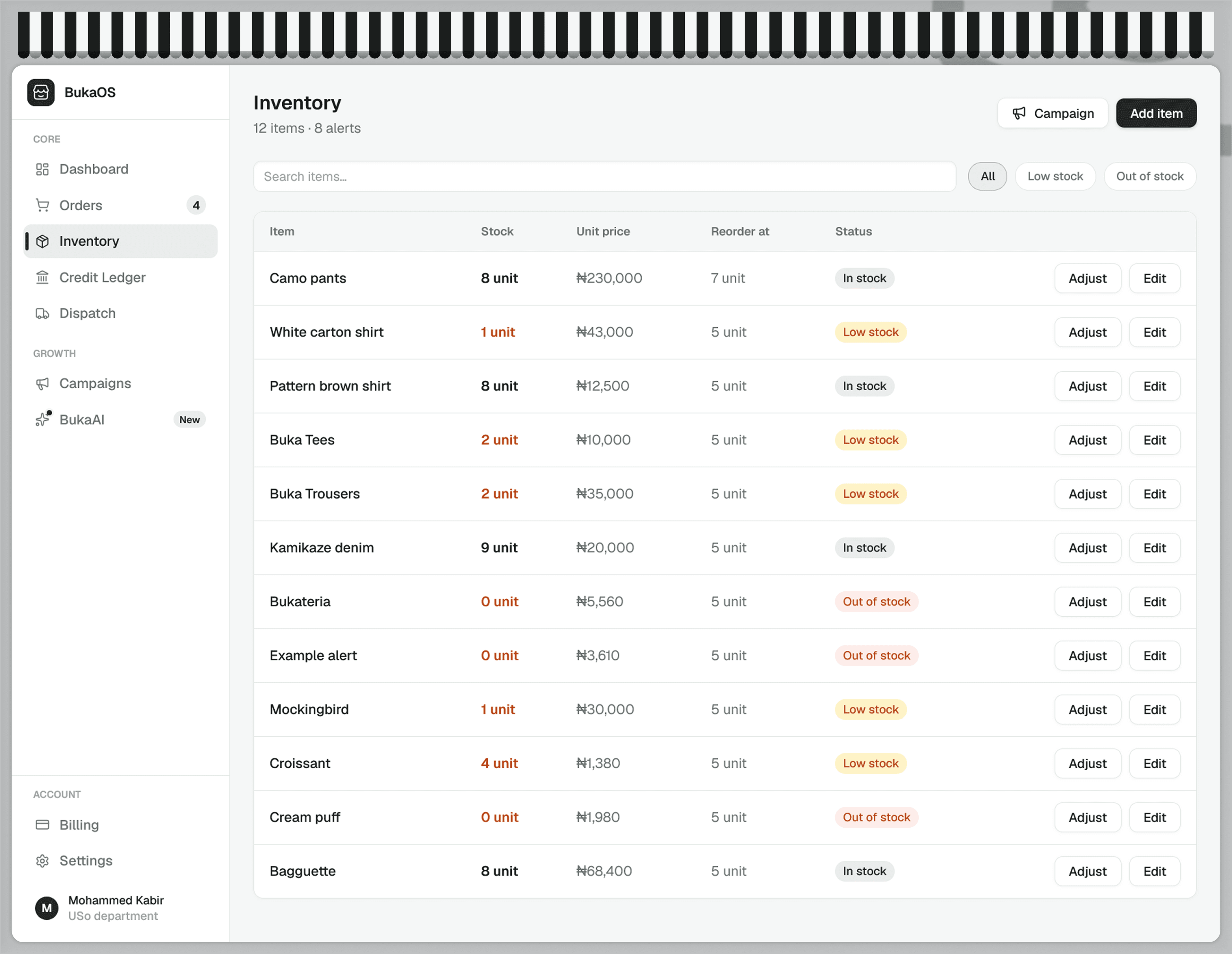 VendOS inventory workspace
